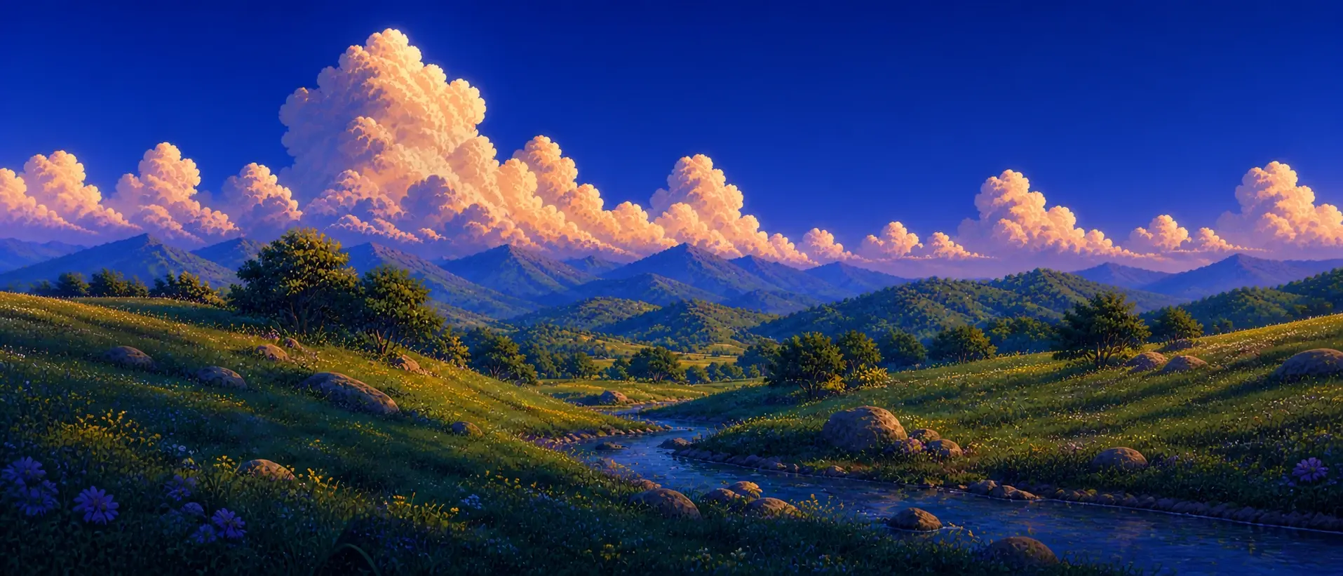 Rolling green hills with a river under a deep blue sky