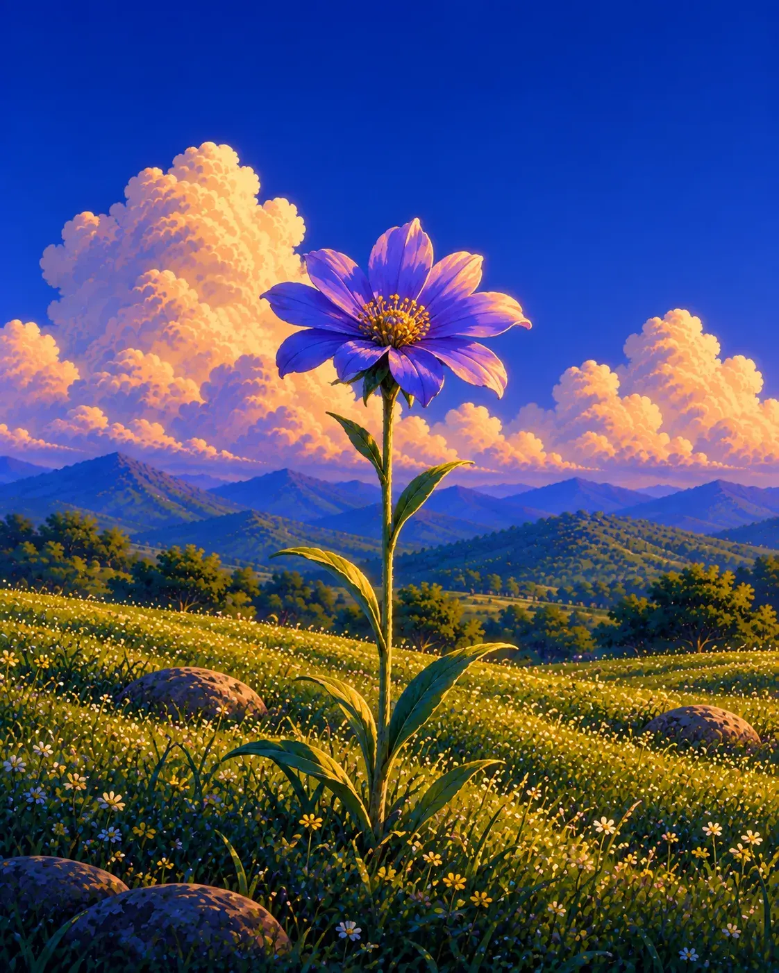 Lone violet flower beneath peach clouds