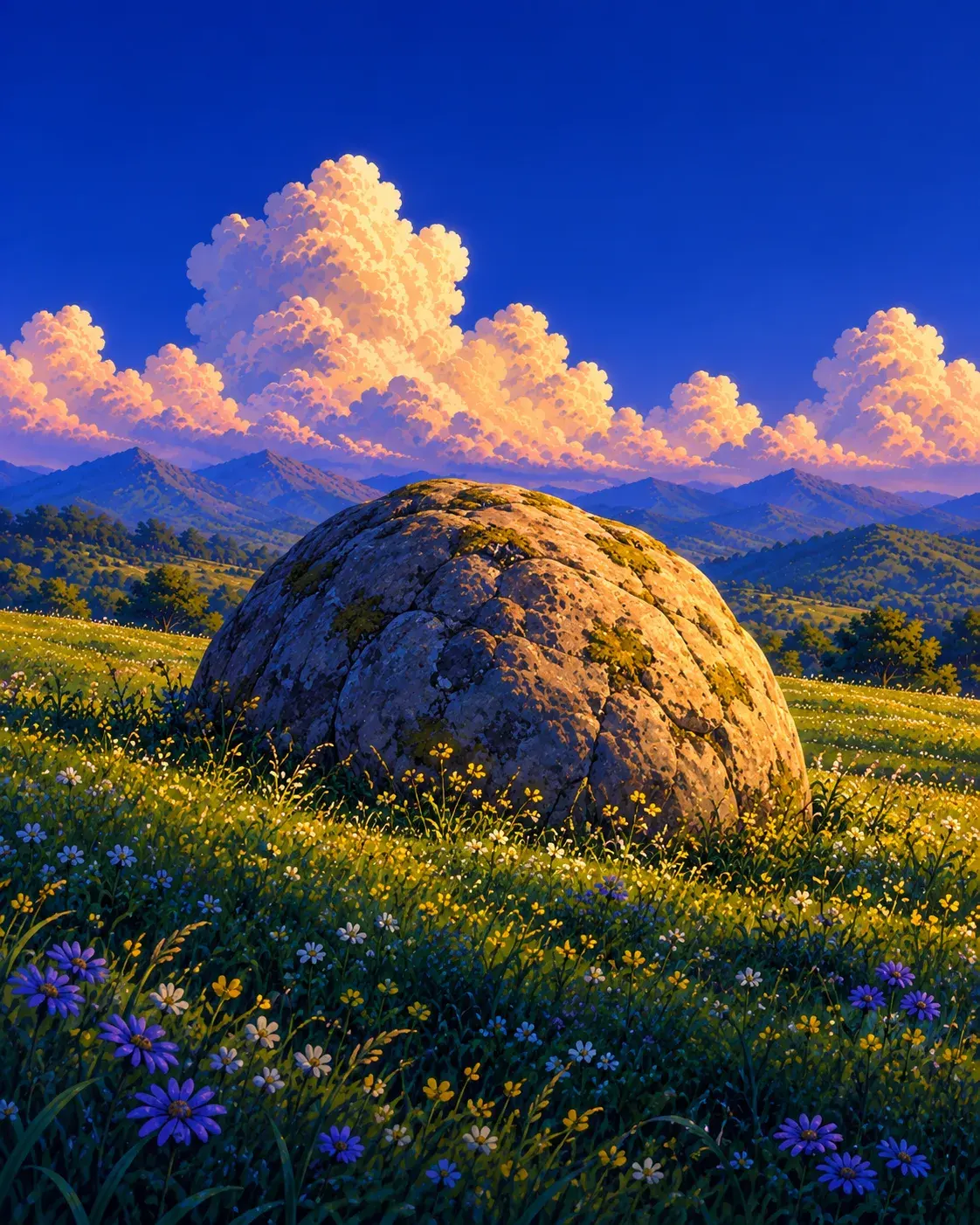 Sunlit rock beneath peach clouds