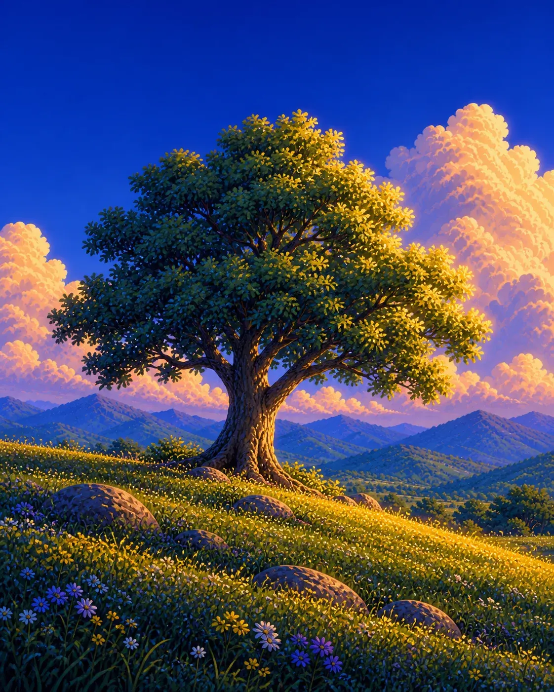 Lone tree beneath peach clouds